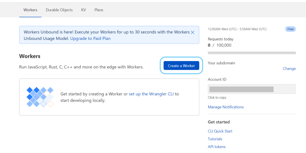 Create a new worker on cloudflare - free node js hosting