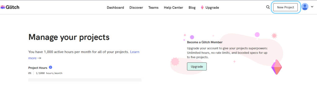 create new project page on glitch - free node js hosting