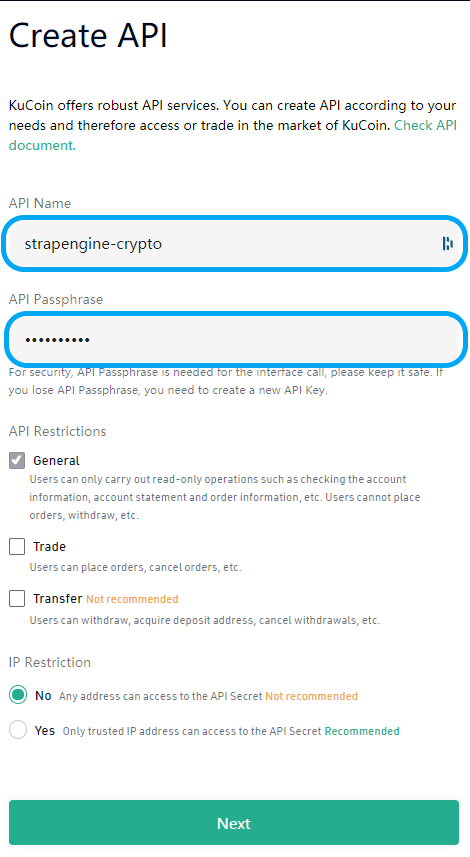 Choose API name and API passphrase - Telegram crypto price bot