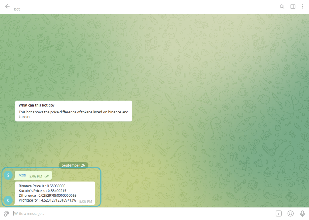 Test result - Telegram crypto price bot