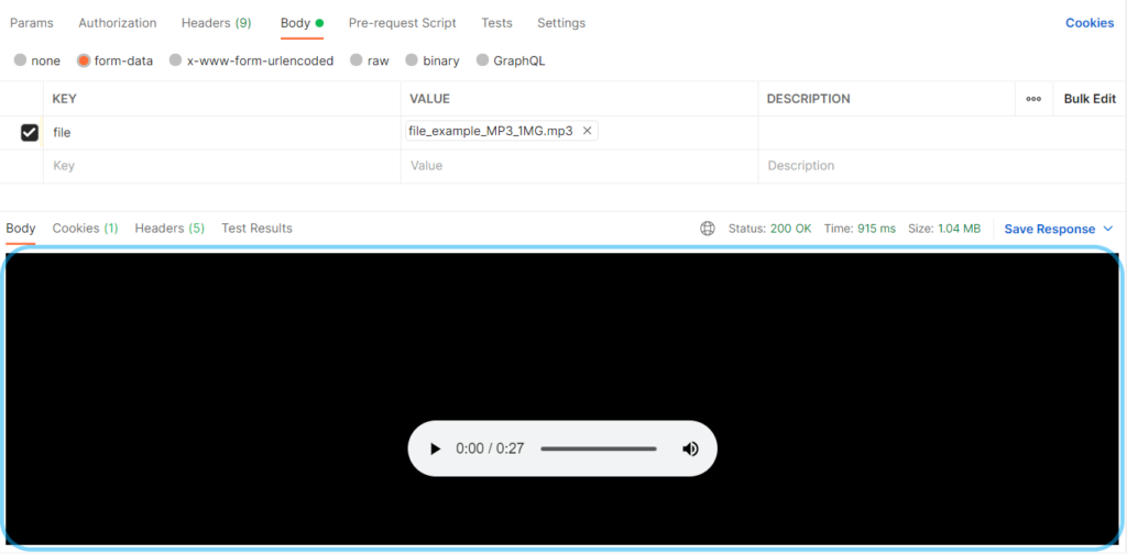 play an audio file request on our docker compose nodejs app