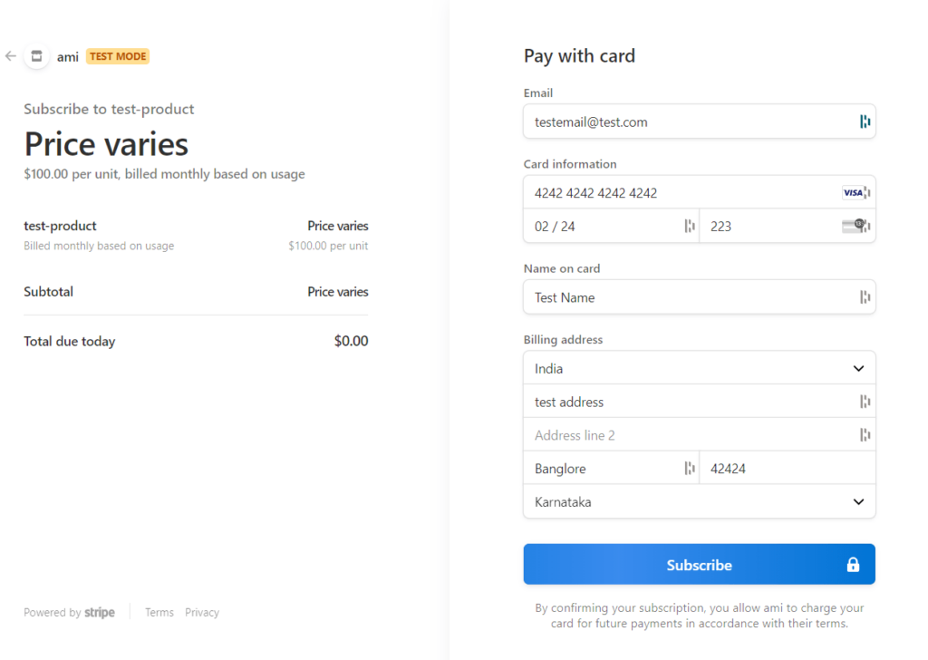 stripe checkout page for our subscription