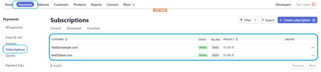 user subscription list in stripe dashboard