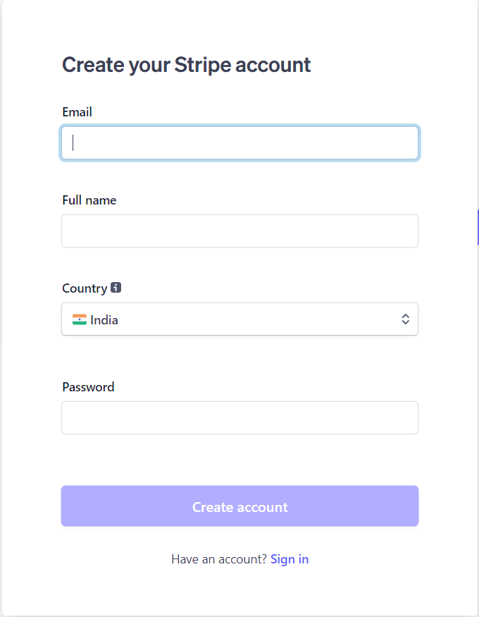 Stripe signup page